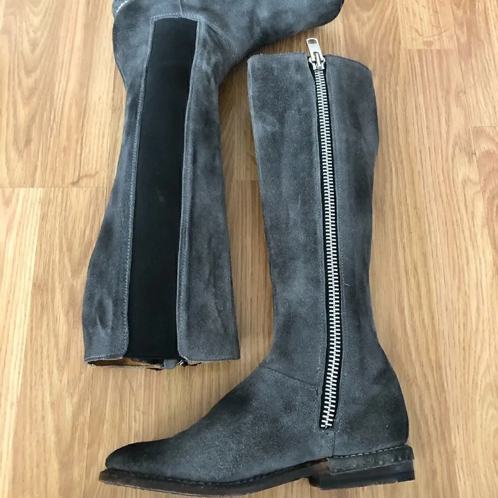 Bed Stu Tall Gray Suede Leather Boots Side Zip